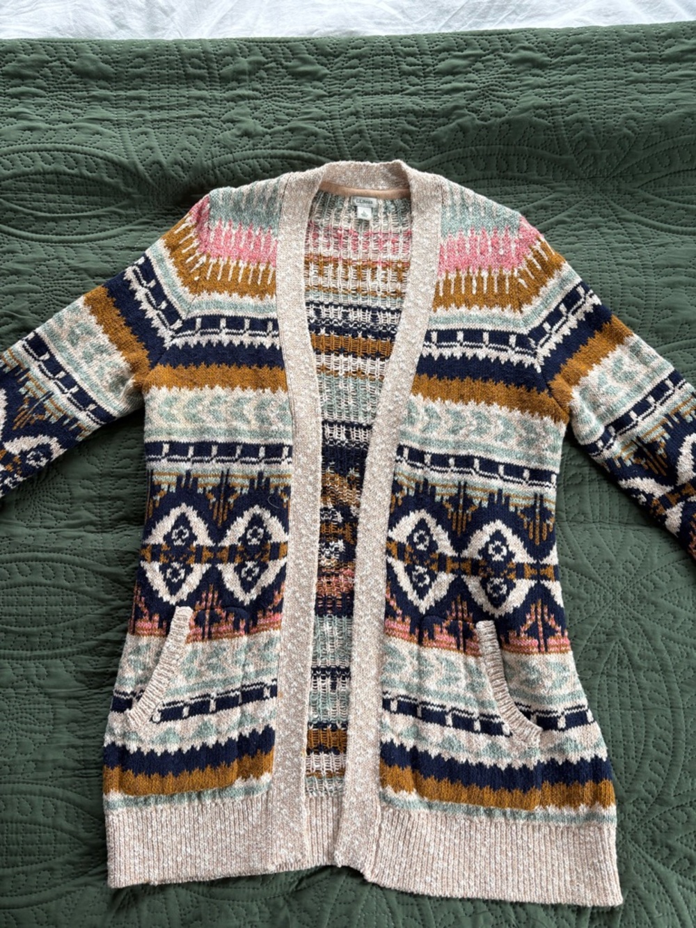 LL Bean Cozy Multi-Color Fair Isle Open Cardigan Sweater